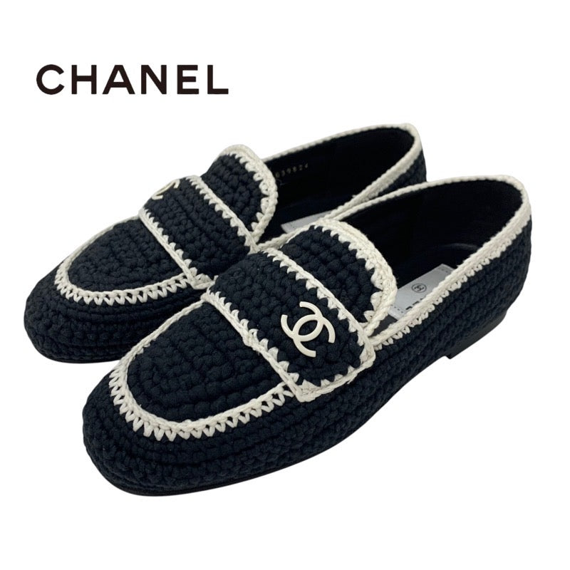 Chanel Flat Shoes Shoes Fabric Black White Black Coco Mark Braided