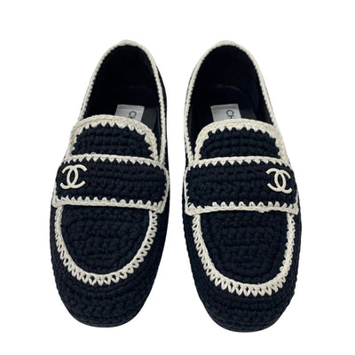 Chanel Flat Shoes Shoes Fabric Black White Black Coco Mark Braided