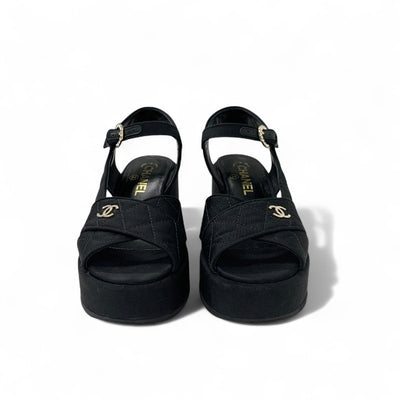 シャネル CHANEL サンダル 靴 シューズ ファブリック ブラック 黒 ココマーク マトラッセ ウェッジソール ラインストーン