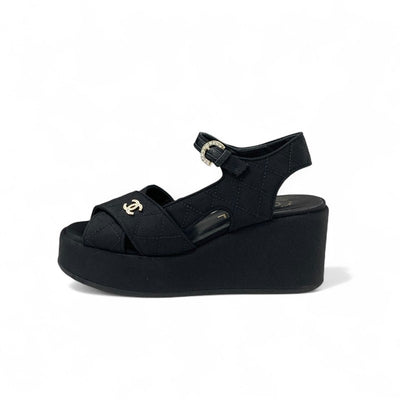 シャネル CHANEL サンダル 靴 シューズ ファブリック ブラック 黒 ココマーク マトラッセ ウェッジソール ラインストーン