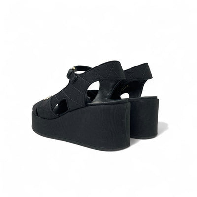 シャネル CHANEL サンダル 靴 シューズ ファブリック ブラック 黒 ココマーク マトラッセ ウェッジソール ラインストーン