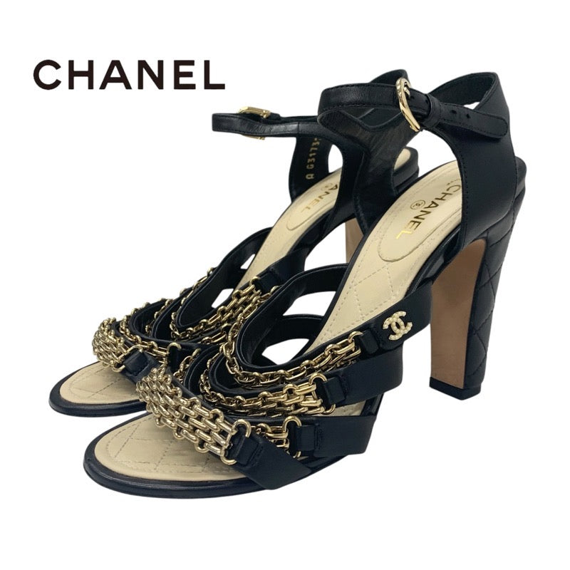 シャネル CHANEL サンダル 靴 シューズ レザー ブラック 黒 ゴールド ココマーク チェーン ストラップ
