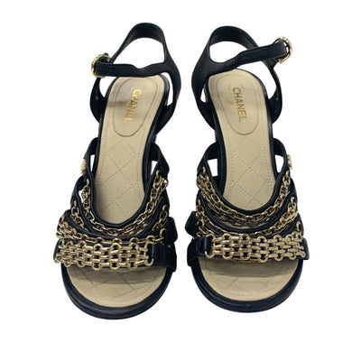シャネル CHANEL サンダル 靴 シューズ レザー ブラック 黒 ゴールド ココマーク チェーン ストラップ