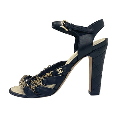 シャネル CHANEL サンダル 靴 シューズ レザー ブラック 黒 ゴールド ココマーク チェーン ストラップ