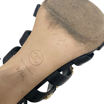 シャネル CHANEL サンダル 靴 シューズ レザー ブラック 黒 ゴールド ココマーク チェーン ストラップ