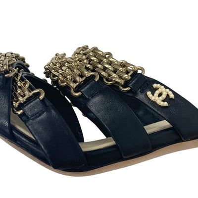 シャネル CHANEL サンダル 靴 シューズ レザー ブラック 黒 ゴールド ココマーク チェーン ストラップ