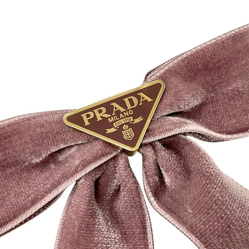 PRADA Hair Accessories Pink Gold Ribbon Triangle Logo Barrette Hair Clip