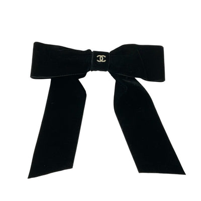 Chanel Hair Accessories Black Gold Silver Coco Mark Ribbon Barrette Hair Clip