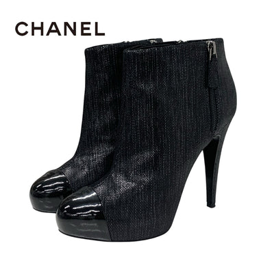 Chanel CHANEL boots, short boots, shoes, leather, black, coco mark, metallic