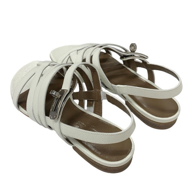 エルメス HERMES サンダル 靴 シューズ レザー ホワイト 白 シルバー トング フラット ケリー金具 ストラップ