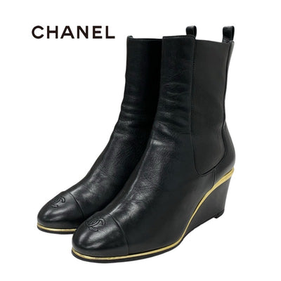 Chanel CHANEL boots, short boots, shoes, lambskin, black, coco mark, wedge sole