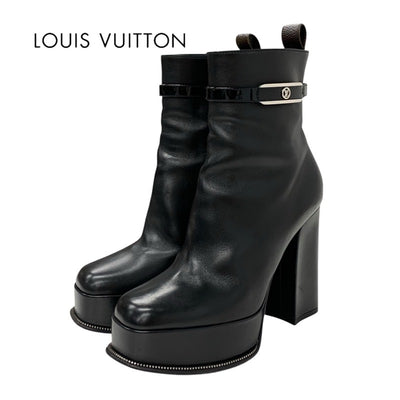 Louis Vuitton Fameline Monogram Boots Short Boots Shoes Leather Patent Black Ankle Boots Logo Strap Platform