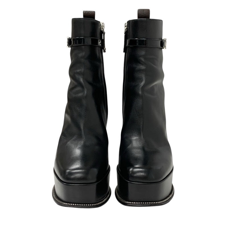 Louis Vuitton Fameline Monogram Boots Short Boots Shoes Leather Patent Black Ankle Boots Logo Strap Platform