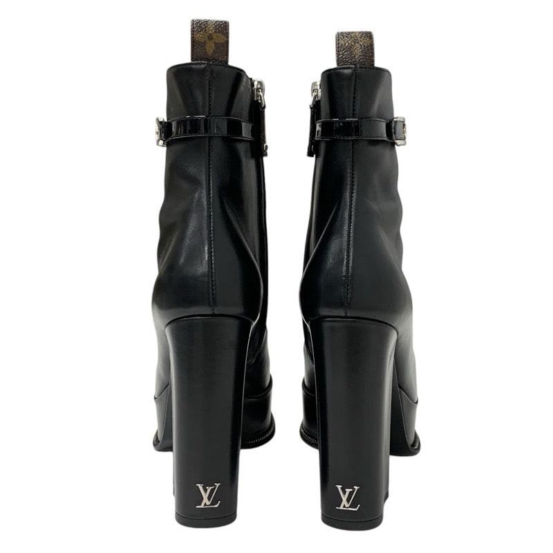 Louis Vuitton Fameline Monogram Boots Short Boots Shoes Leather Patent Black Ankle Boots Logo Strap Platform