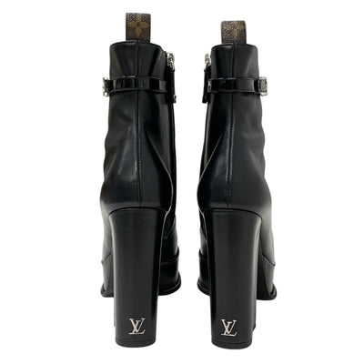 Louis Vuitton Fameline Monogram Boots Short Boots Shoes Leather Patent Black Ankle Boots Logo Strap Platform