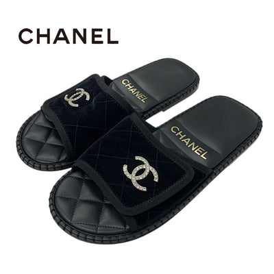 シャネル CHANEL サンダル 靴 シューズ ベロア ブラック 黒 シルバー マトラッセ ココマーク ラインストーン フラット ミュール