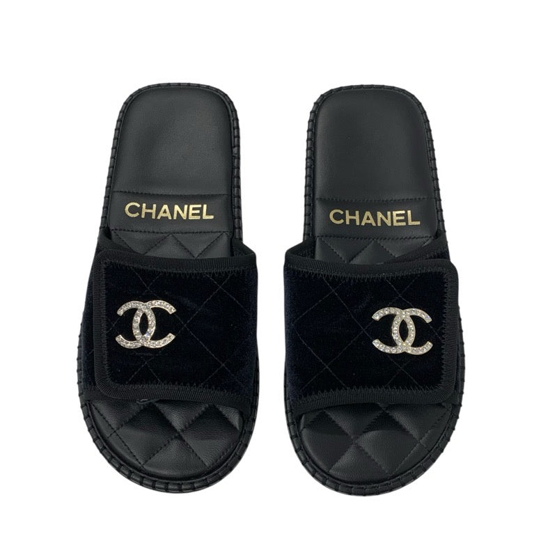 シャネル CHANEL サンダル 靴 シューズ ベロア ブラック 黒 シルバー マトラッセ ココマーク ラインストーン フラット ミュール