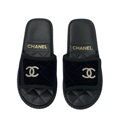 シャネル CHANEL サンダル 靴 シューズ ベロア ブラック 黒 シルバー マトラッセ ココマーク ラインストーン フラット ミュール