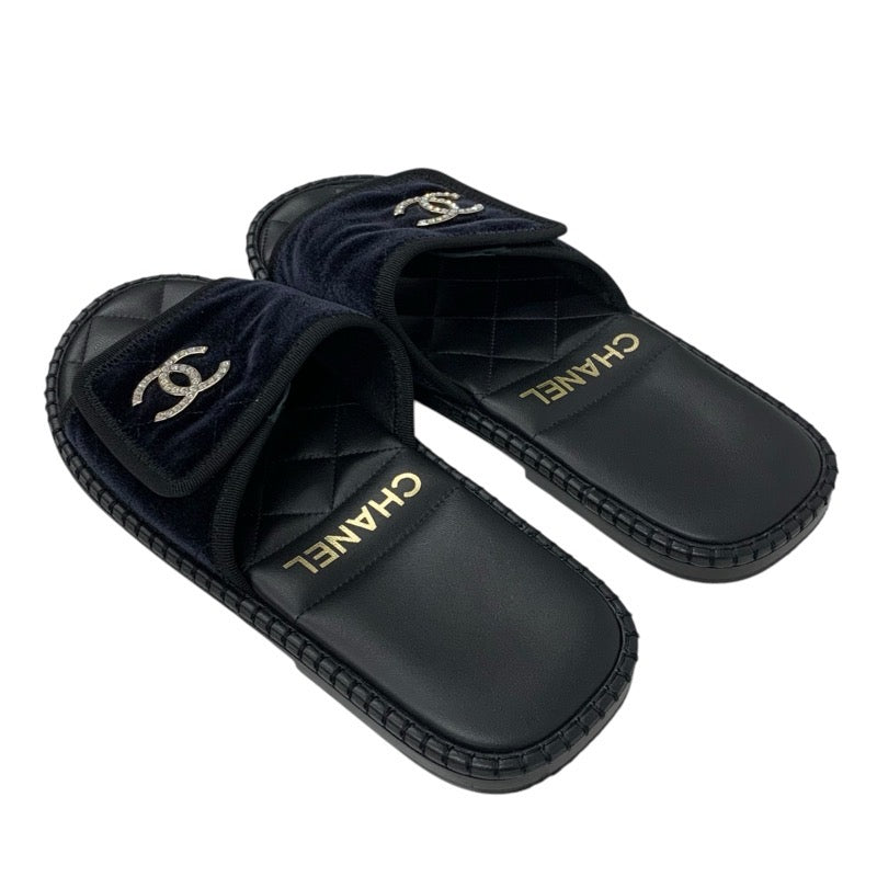 シャネル CHANEL サンダル 靴 シューズ ベロア ブラック 黒 シルバー マトラッセ ココマーク ラインストーン フラット ミュール