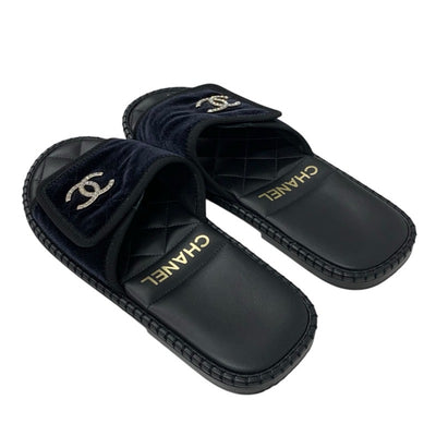 シャネル CHANEL サンダル 靴 シューズ ベロア ブラック 黒 シルバー マトラッセ ココマーク ラインストーン フラット ミュール