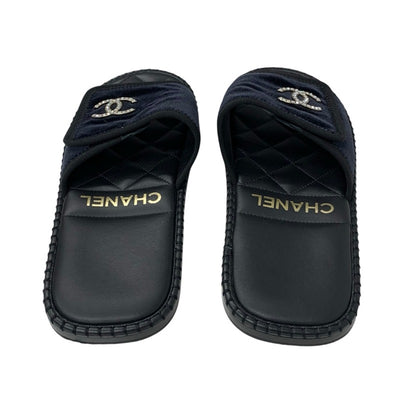 シャネル CHANEL サンダル 靴 シューズ ベロア ブラック 黒 シルバー マトラッセ ココマーク ラインストーン フラット ミュール