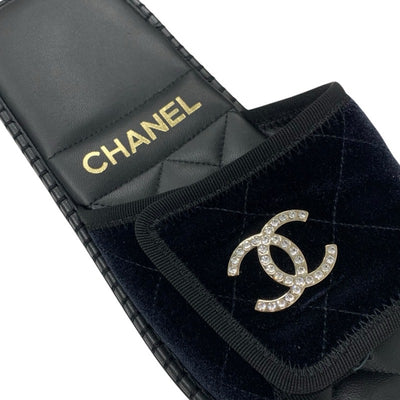 シャネル CHANEL サンダル 靴 シューズ ベロア ブラック 黒 シルバー マトラッセ ココマーク ラインストーン フラット ミュール