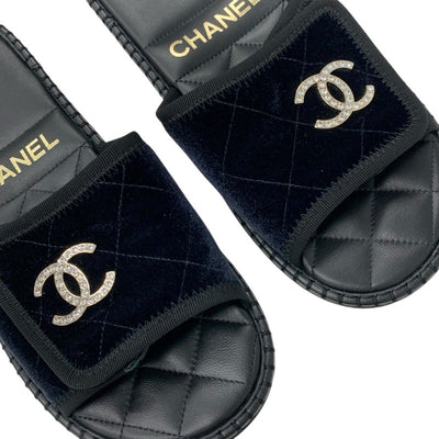 シャネル CHANEL サンダル 靴 シューズ ベロア ブラック 黒 シルバー マトラッセ ココマーク ラインストーン フラット ミュール