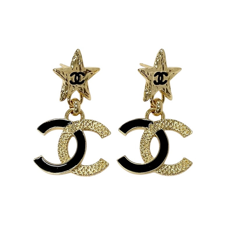 Chanel Earrings Gold Black Coco Mark Star