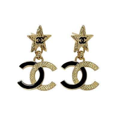 Chanel Earrings Gold Black Coco Mark Star