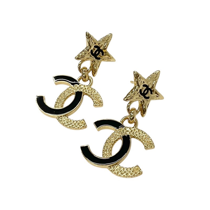 Chanel Earrings Gold Black Coco Mark Star