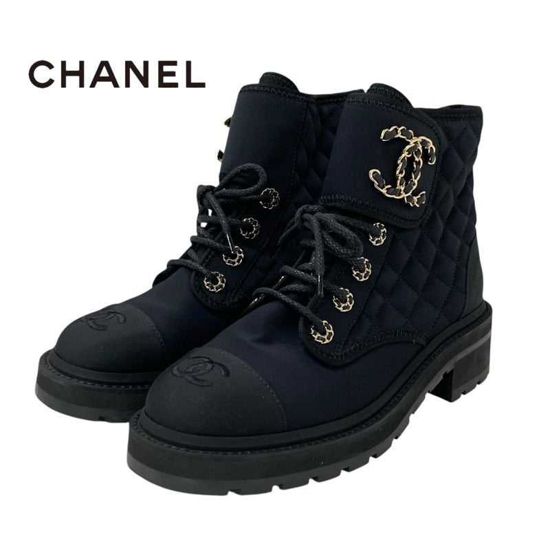 Chanel CHANEL boots, short boots, shoes, fabric, black, black, gold, matelasse, coco mark, lace up