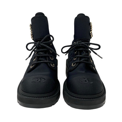 Chanel CHANEL boots, short boots, shoes, fabric, black, black, gold, matelasse, coco mark, lace up