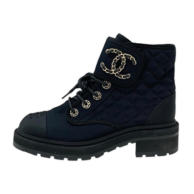 Chanel CHANEL boots, short boots, shoes, fabric, black, black, gold, matelasse, coco mark, lace up