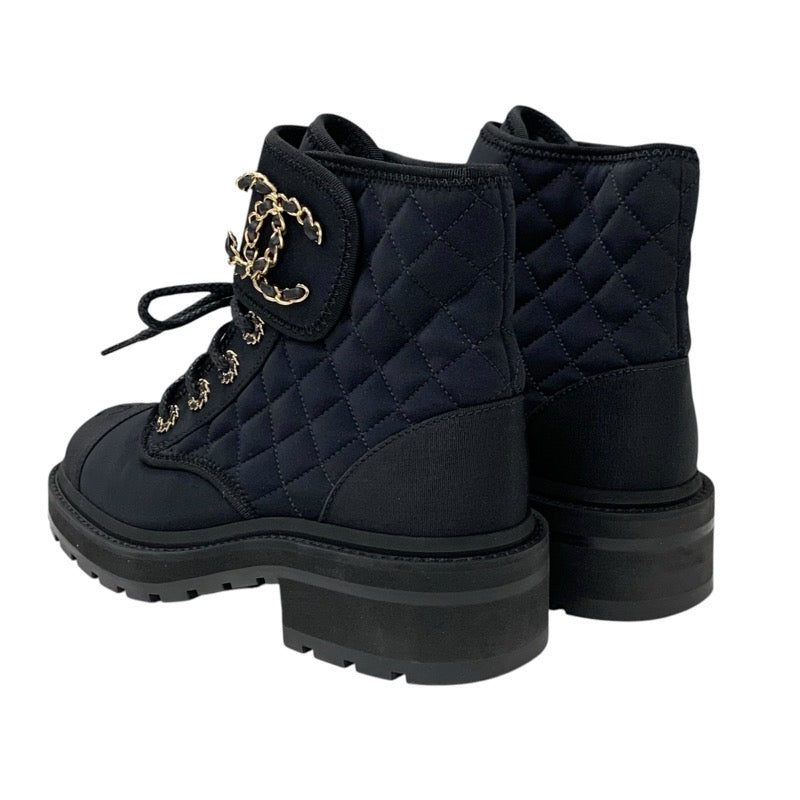 Chanel CHANEL boots, short boots, shoes, fabric, black, black, gold, matelasse, coco mark, lace up