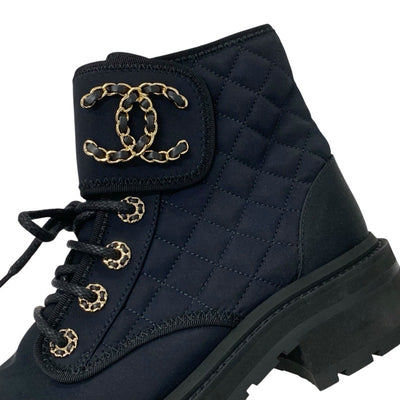 Chanel CHANEL boots, short boots, shoes, fabric, black, black, gold, matelasse, coco mark, lace up