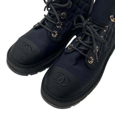 Chanel CHANEL boots, short boots, shoes, fabric, black, black, gold, matelasse, coco mark, lace up