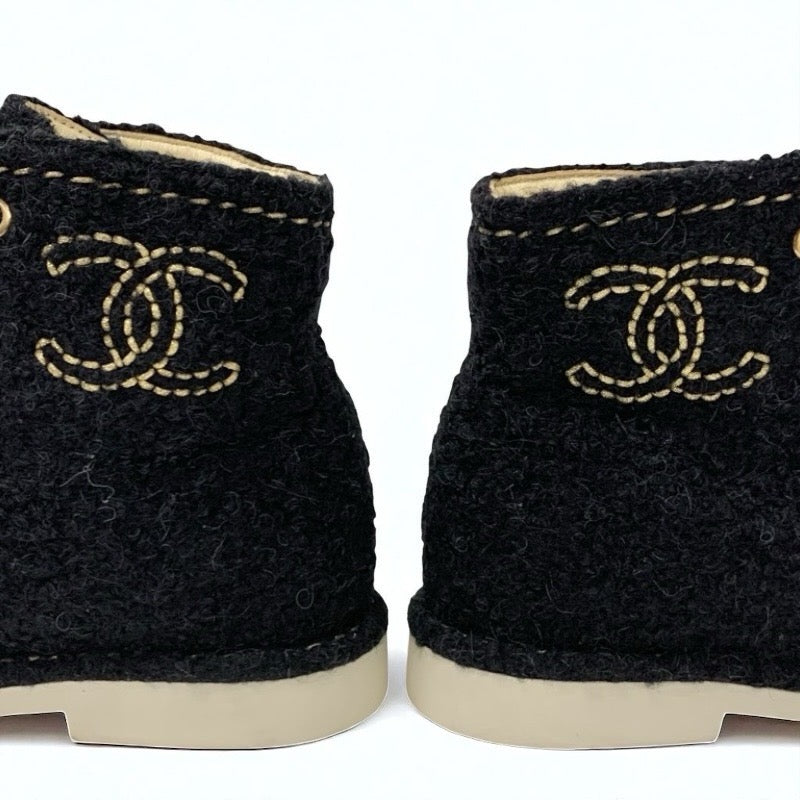 シャネル CHANEL ブーツ ショートブーツ 靴 シューズ ツイード ブラック ゴールド 黒 ココマーク レースアップ