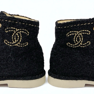 シャネル CHANEL ブーツ ショートブーツ 靴 シューズ ツイード ブラック ゴールド 黒 ココマーク レースアップ
