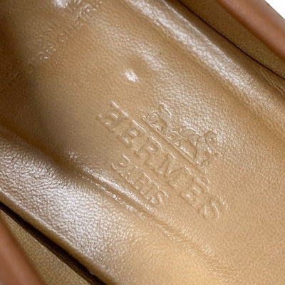 エルメス HERMES ローファー 革靴 靴 シューズ キャンバス レザー ベージュ ブラウン ゴールド ケリー金具 モカシン