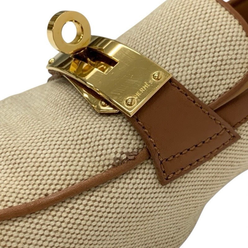 エルメス HERMES ローファー 革靴 靴 シューズ キャンバス レザー ベージュ ブラウン ゴールド ケリー金具 モカシン
