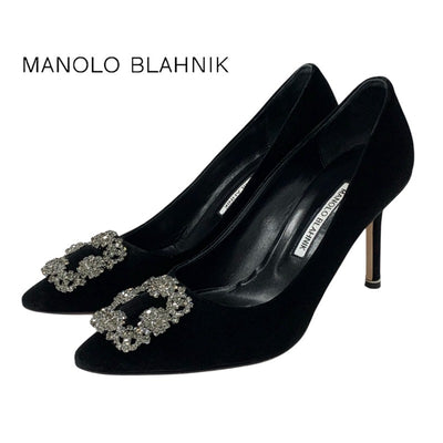 マノロブラニク MANOLO BLAHNIK ハンギシ パンプス 靴 シューズ ベロア ブラック 黒 ビジュー ベルベット パーティーシューズ