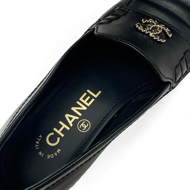 シャネル CHANEL ローファー 革靴 靴 シューズ レザー ブラック 黒 ゴールド ココマーク チェーン フラットシューズ
