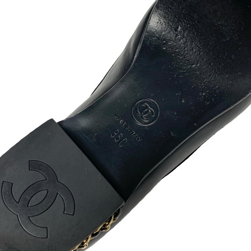 シャネル CHANEL ローファー 革靴 靴 シューズ レザー ブラック 黒 ゴールド ココマーク チェーン フラットシューズ