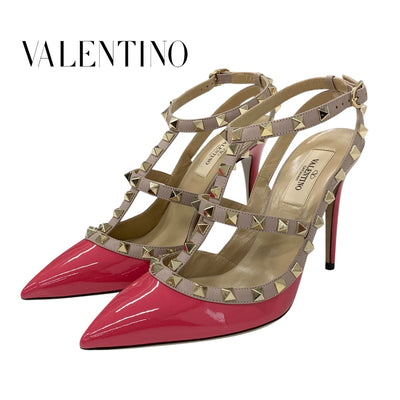 ヴァレンティノ VALENTINO パンプス 靴 シューズ パテント レザー ピンク系 ゴールド ロックスタッズ ストラップ