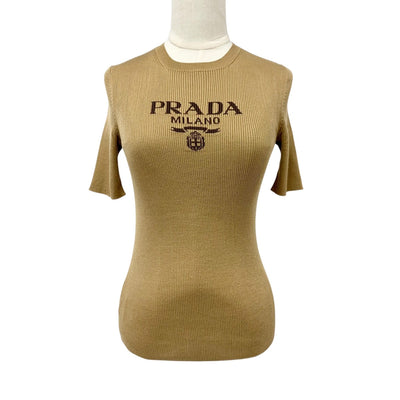 プラダ PRADA トップス ベージュ ブラウン ロゴ シルク クルーネックセーター ニット