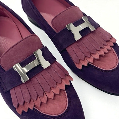 エルメス HERMES ロワイヤル ローファー 革靴 靴 シューズ スエード パープル ピンク系 シルバー H金具 フリンジ