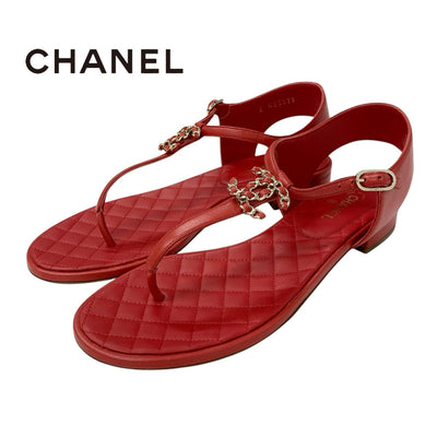 シャネル CHANEL サンダル 靴 シューズ レザー レッド 赤 ゴールド ココマーク チェーン ストラップ トング
