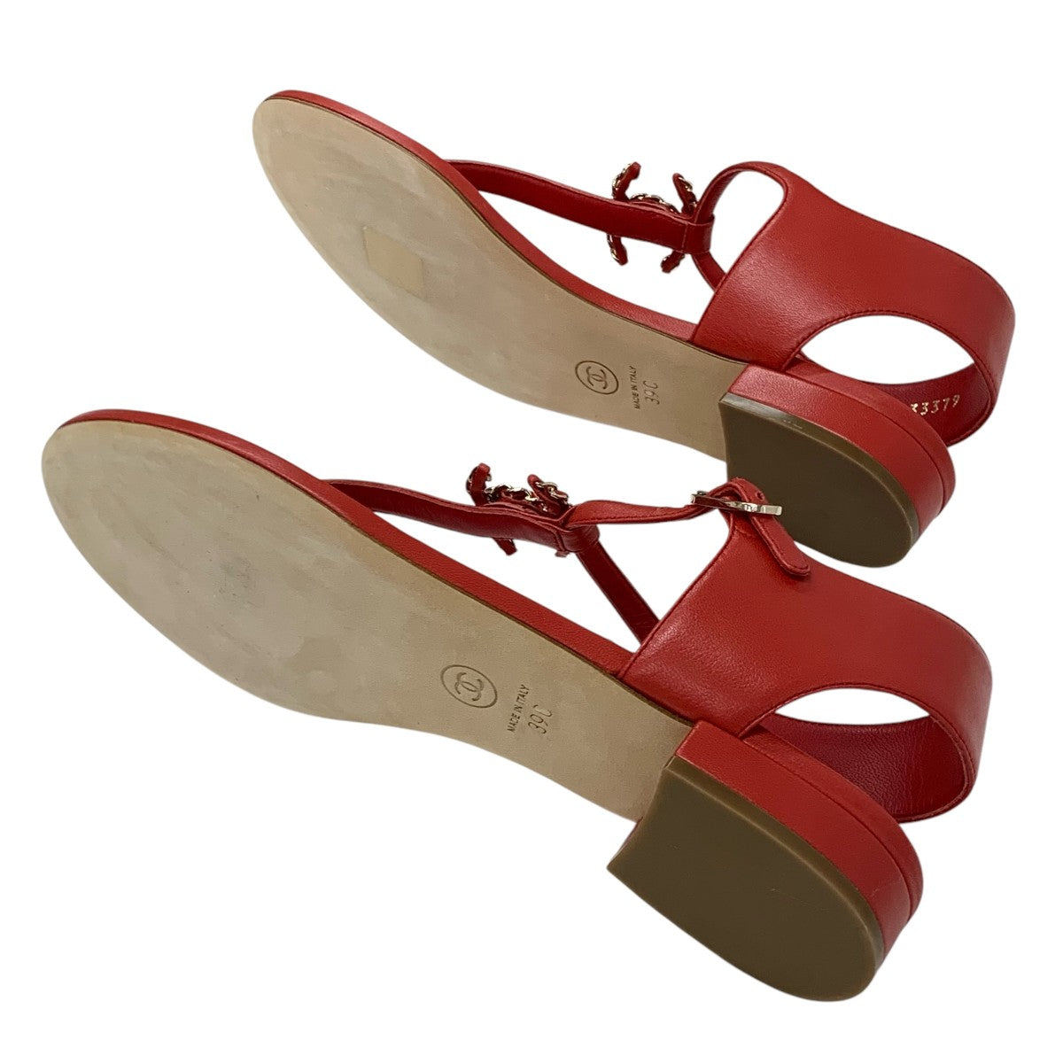 シャネル CHANEL サンダル 靴 シューズ レザー レッド 赤 ゴールド ココマーク チェーン ストラップ トング