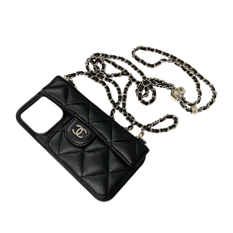 シャネル CHANEL 携帯・スマホアクセサリー ブラック ゴールド ココマーク マトラッセ キャビアスキン iPhone14pro iPhoneケース チェーン