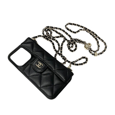 シャネル CHANEL 携帯・スマホアクセサリー ブラック ゴールド ココマーク マトラッセ キャビアスキン iPhone14pro iPhoneケース チェーン